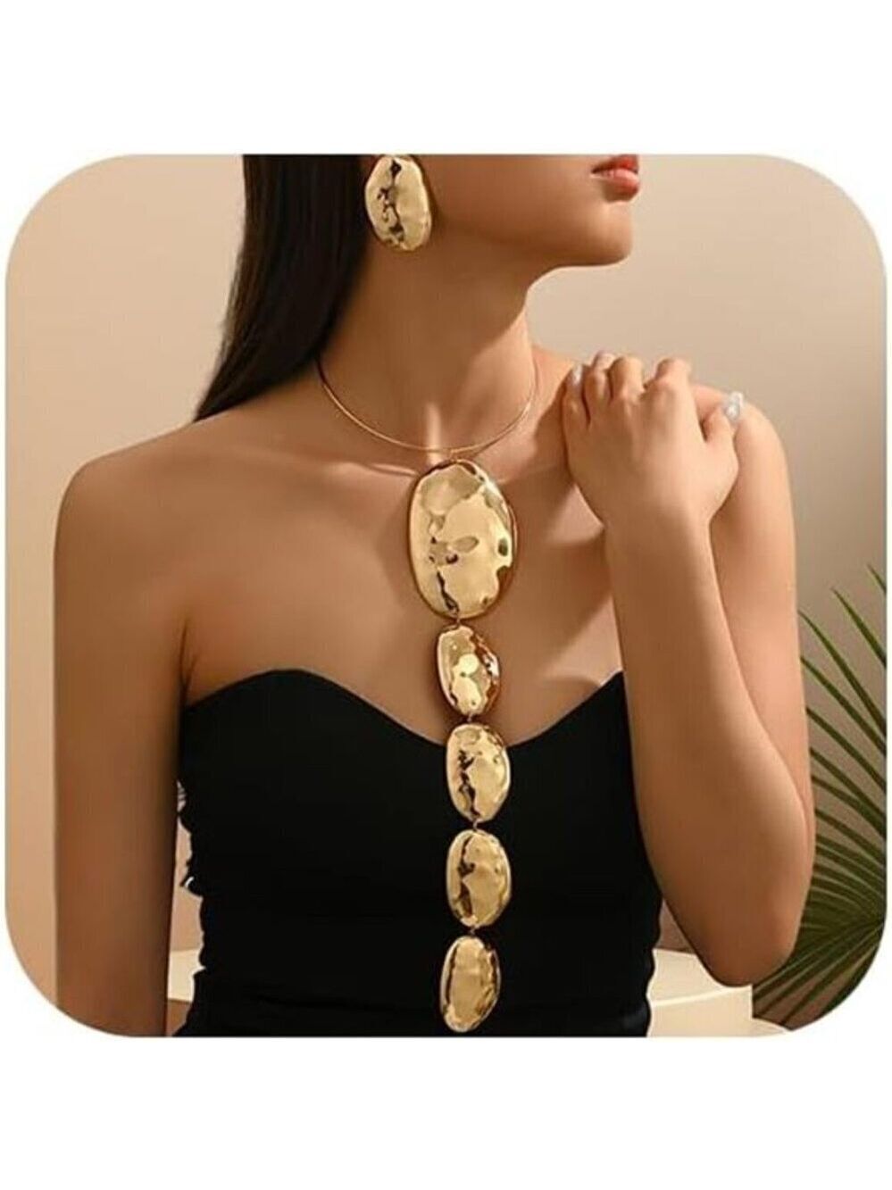 Chunky Gold Sofy  Necklace Earring Set for Women Exaggerated Geometric Hammered